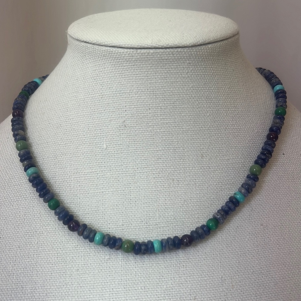 Multi color bead necklace blue, teal, green, purple and blue marbled beads 17”